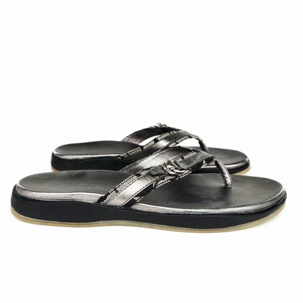 Coach Lindsey Black & White Jacquard Gunmetal Silver Leather Flip-Flop Sandals